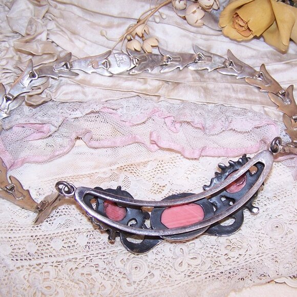 Made in Mexico Mexican 950 Silver and Pink Rhodochrosite Necklace/Clip Earrings - Picture 6 of 13